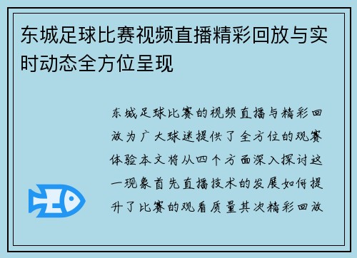 东城足球比赛视频直播精彩回放与实时动态全方位呈现
